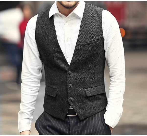 

2021 modest grey new wedding groom vests wool single breasted herringbone tweed vests groomsmen vest mens suit vests waistcoat custom made, Black