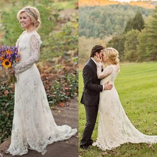 Abiti da sposa romantici a maniche lunghe in pizzo 2018 con scollo a V lunghi abiti da sposa country Boho realizzati su misura dalla Cina EN12235