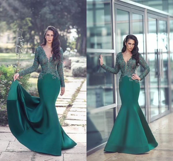 

2018 deep v neck dark green saudi arabic dubai evening dresses appliques long sleeves sweep train formal party mermaid prom dress, Black;red