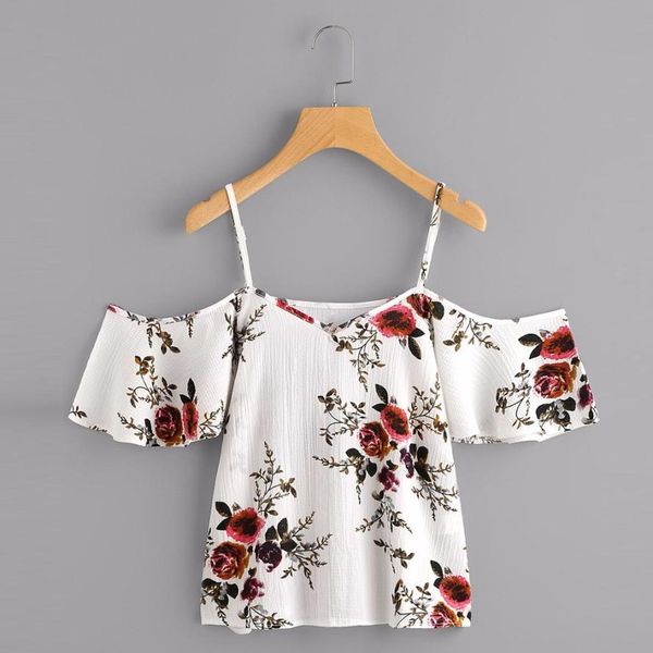 

2018 women summer printed blouse cold shoulder gift for lovers 6.12, White