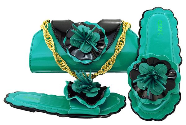 

nice looking teal low heel 0.5cm sandals with flower decoration african shoes match handbag set for dress mm1053