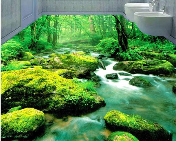 stanza moderna carta da parati Green Forest Stream Flowing Dream 3D Bagno Bedroom Floor personalizzato murale