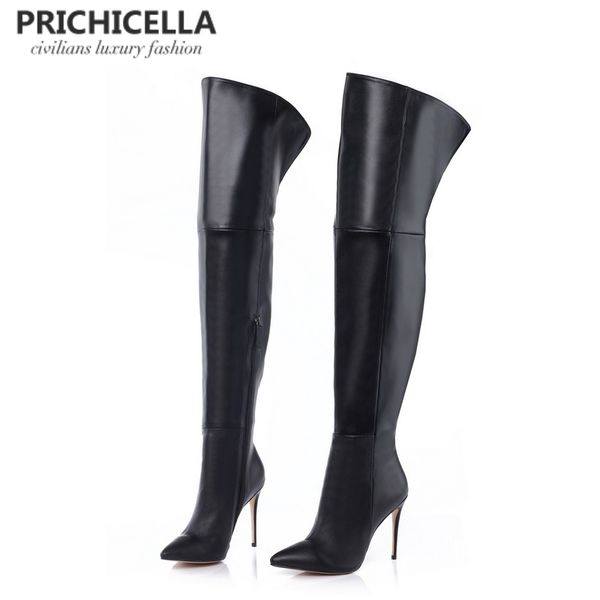 

prichicella genuine leather thigh boots stiletto thin heels pointed toe over the knee boots size34-42, Black