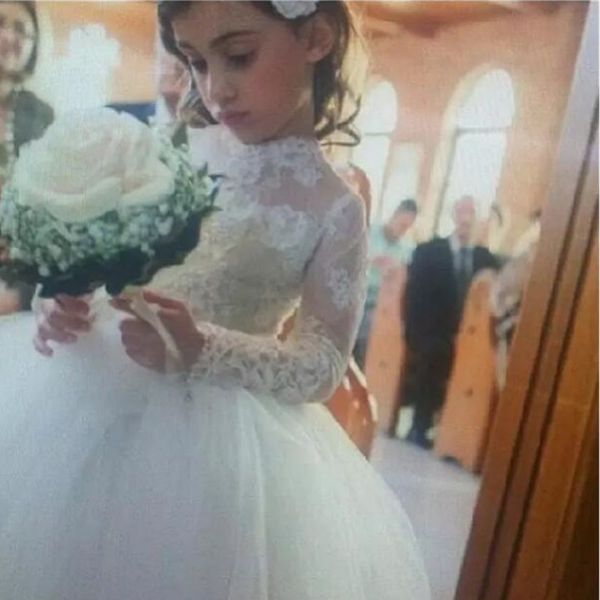 Principessa Abiti da bambina a fiori con maniche lunghe trasparenti Collo alto Abito da ballo gonfio Abiti da prima comunione bianchi 2019 Abito da sposa