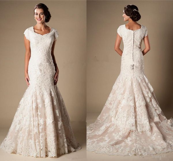 

modest jewel neck mermaid lds wedding dresses with cap sleeves 2018 new lace applique country cowgirls wood farm wedding gown plus size, White