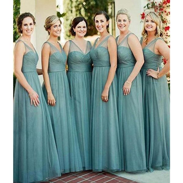 

dusty blue tulle bridesmaid dresses for western country weddings a line sheer v neck floor length maid of honor wedding party wear cheap, White;pink