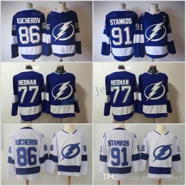 

Tampa Bay Lightning Hockey Jerseys 91 Steven Stamkos 86 Nikita Kucherov 77 Victor Hedman 9 Tyler Johnson Blue White Stitched Jersey