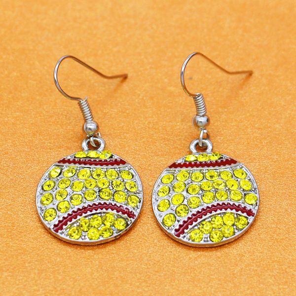 

usa baseball sports red stitching white crystal hook earrings, Silver