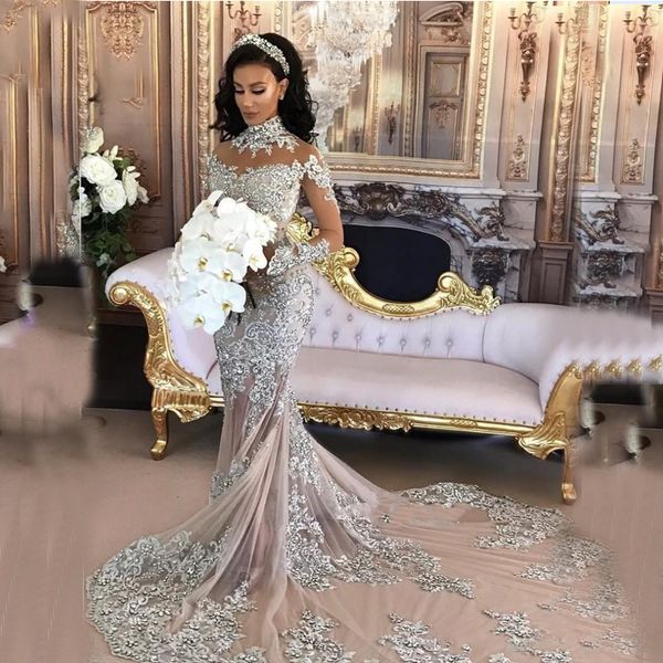 Seksi Gümüş Mermaid Gelinlik Yüksek Boyun Uzun Kollu Illusion Aplikler Boncuk Suudi Arapça Gelin Elbiseler Şapel Tren