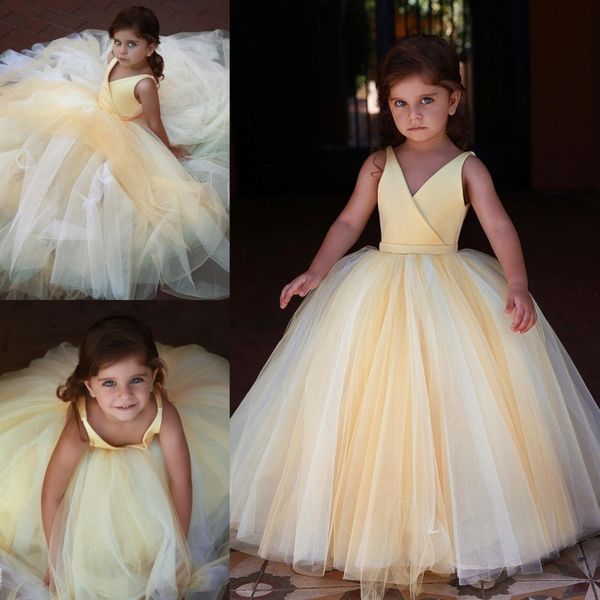 

light yellow ball gown flower girl dresses for wedding v neck toddler pageant gowns with sash floor length tulle kids prom dress, White;blue