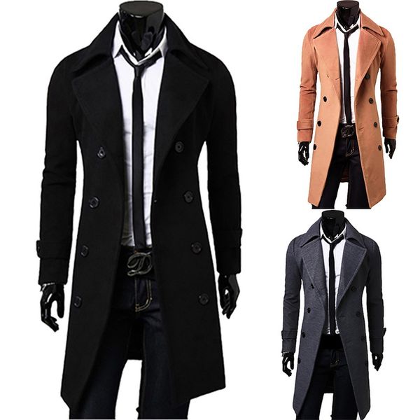

puimentiua men's winter casual jacket classic turn-down collar slim fit coat with buttons long solid color fashion overcoat, Tan;black