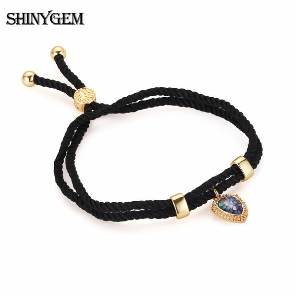 

shinygem natural abalone shell bracelet double loop adjustable rope bracelet zircon shield shape metal charm bracelets for women, Golden;silver