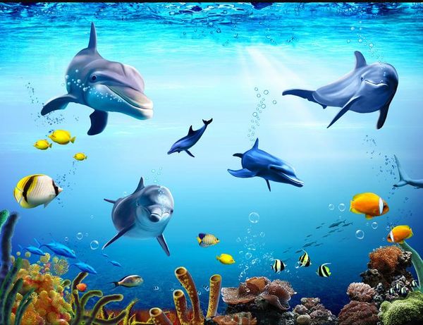 Mundo subaquático Chão de golfinho 3D fundo de parede estereoscópico Piso PVC auto-adesivo
