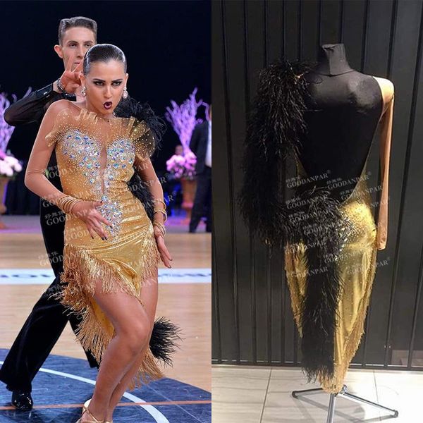 

goodanpar dynamic long sleeve latin dance dress women ladies lycra mesh ostrich feather salsa rumba tango competition dance wear, Black;red