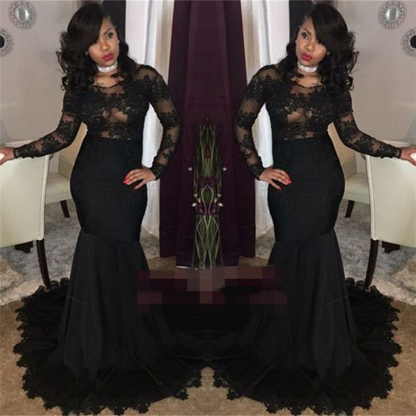 

black lace tulle prom dresses mermaid long sleeve evening gown 2019 appliques party gown custom made sale