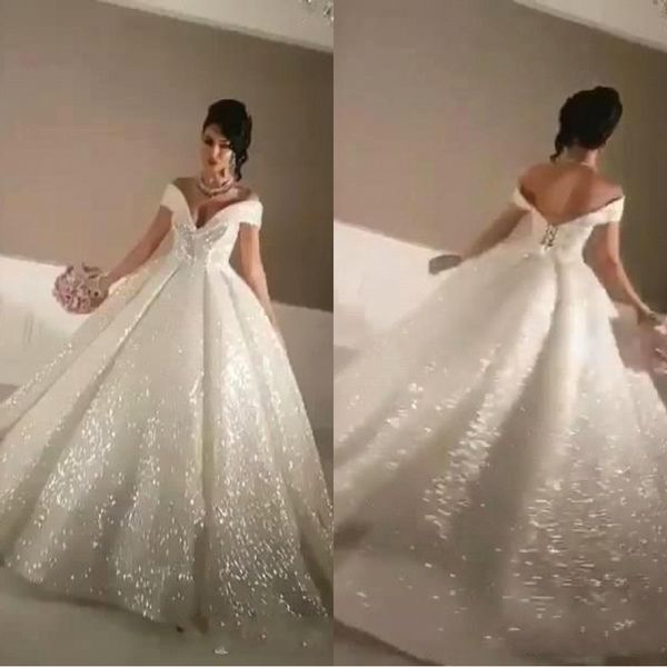 

arabic 2019 bling a line wedding dresses off-shoulder sparkly chapel train glitter glued lace lace-up wedding bridal gowns ba8960