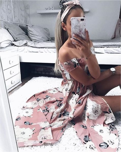 

new trending floral print long dress off shoulder split summer long fashion wear pink vacation beach dress, Black;gray