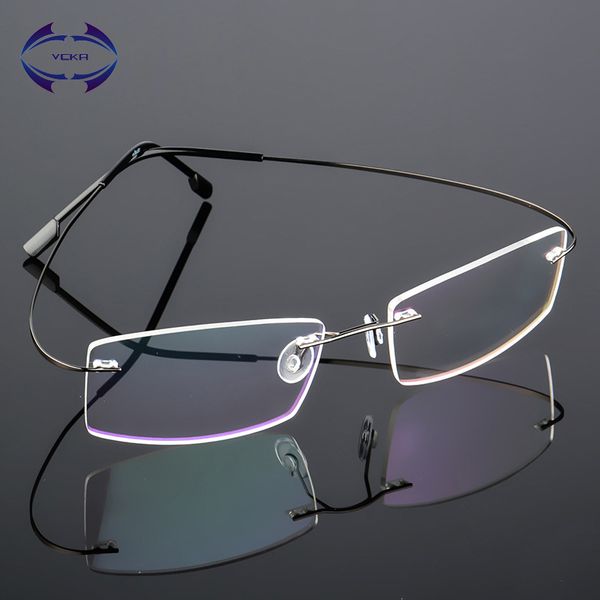 

vcka square women rimless glasses frame memory alloy eyeglasses prescription ultralight men stainless steel fashion optical, Silver