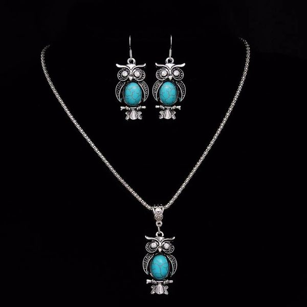 

new design jewelry sets tibetan blue stone chain necklace & pendants shaped stud earrings women collar, Silver