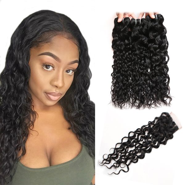 

Brazilian water wave human hair bundle with clo ure peruvian wet and wavy hair 4 bundle malay ian body wave deep loo e hair exten ion, Black