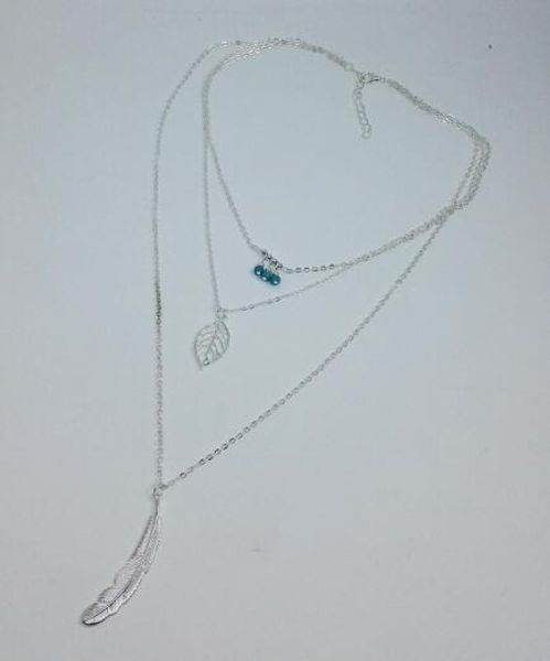 

style european and american women's multi-layer jewelry turquoise leaves handmade beads feather pendant necklace stylish classic delica, Silver