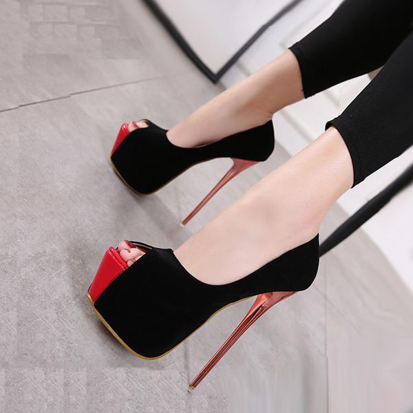 

Fashion black red peep toe platform high heels pumps 16cm synthetic suede party club shoes size 35 to 39