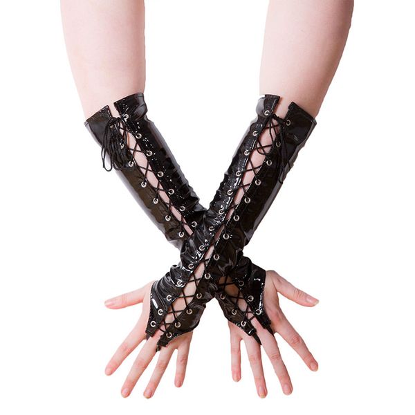 

latex gothic fetish clubwear elbow gloves women' fashion lace up fingerless gloves black red pvc leather dancing games, Blue;gray