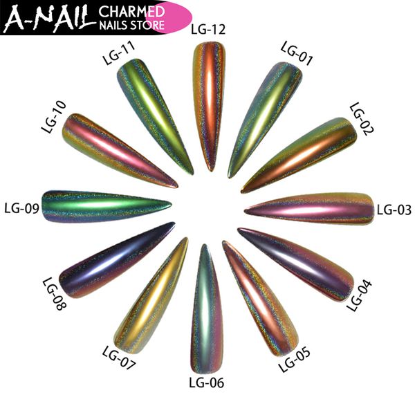 

a-nail 12 boxes/set 12 colors holographic peacock chrome pigment chameleon nail glitter holo laser powder nail art decorations, Silver;gold