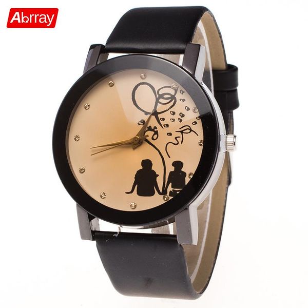 

abrray romantic couple watch quartz watches for lovers sweet pattern wristwatch fashion women clocks brown dial leather band, Slivery;brown