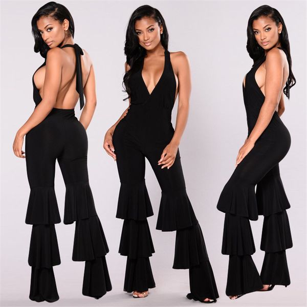 

summer jumpsuit 2018 women clothing backless ruffle romper club body jumpsuit fashion wide leg pants women bodycon, Black;white