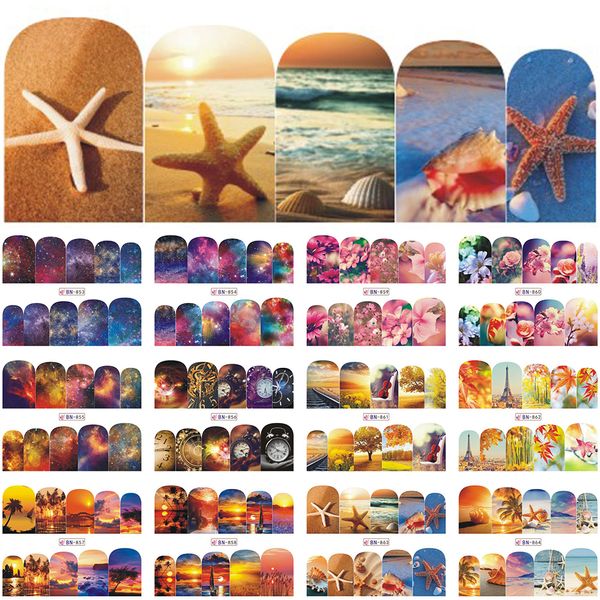 

12 designs summer beach full cover nail art sticker decals water transfer flower starry sky slider decoration tips sabn853-864, Black