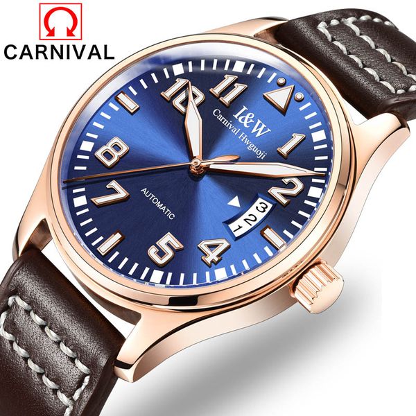 

carnival watches rose gold case blue surface leather strap men automatic luminous wrist watch relogio masculino, Slivery;brown