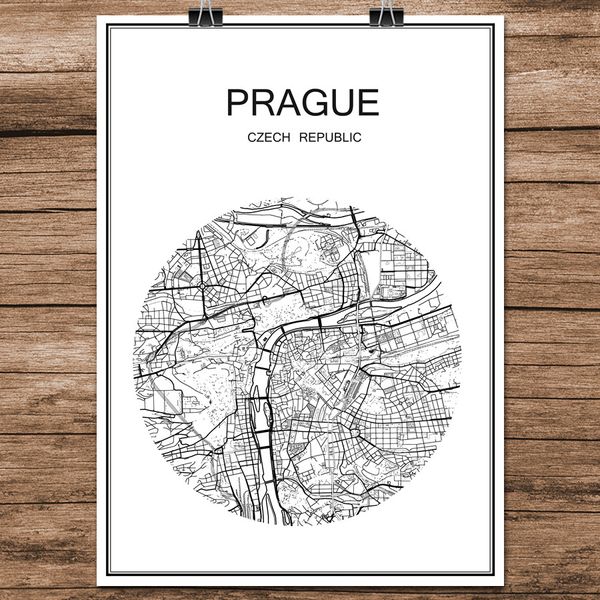 

black white world city map of prague czech republic print poster coated paper cafe bar living room home decor wall art sticker