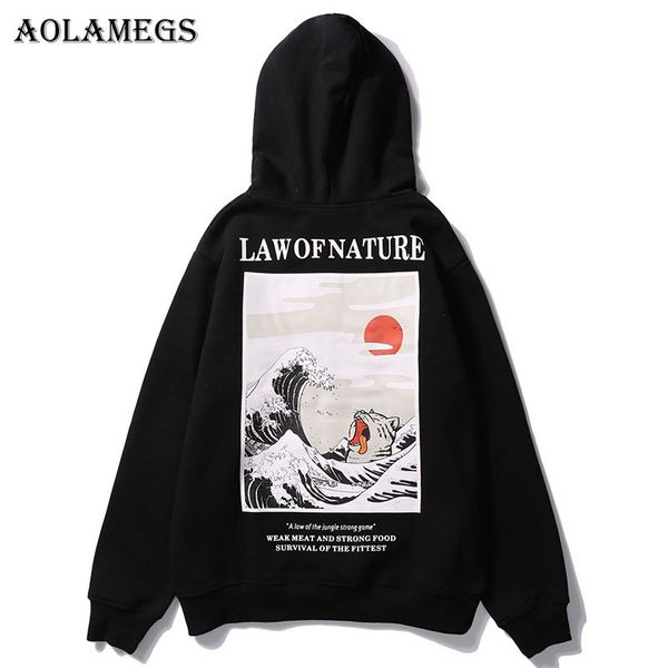 

aolamegs hoodies men japanese funny cat wave hooded high street pullover sweatshirt men fleece fashion hip hop streetwear hoodie, Black