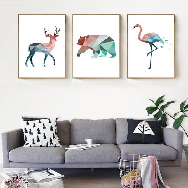 

nordic geometric animals canvas painting deer bear flamingo oil painting poster print art wall pictures for living room no frame