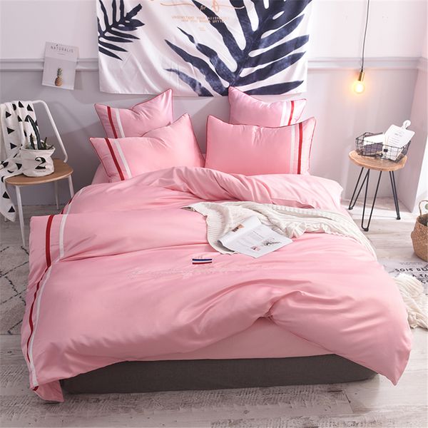 Silk Pink Striped Bedding Sets Pillowcase Bed Linen Comforter