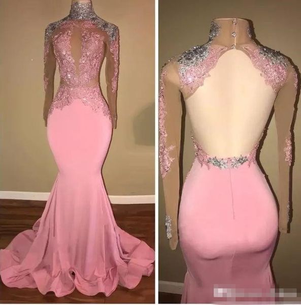 

сексуальный розовый backless высокая шея вечернее платье русалка блестки бисером формальные пром платье с длинными рукавами вечернее платье, Black;red