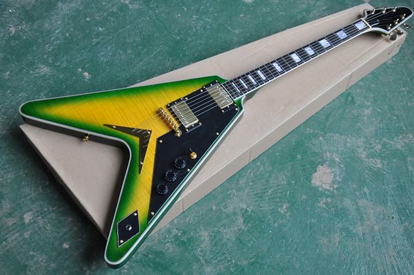 

зеленый желтый корпус flying v электрическая гитара с 2 пикапами, корпус из красного дерева, металлическая фурнитура, пальто из палисандра