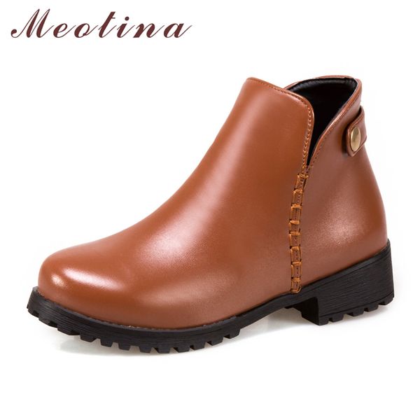 

meotina women boots winter ankle boots platform square heel short zipper med heel shoes female buckle new plus size 34-43, Black