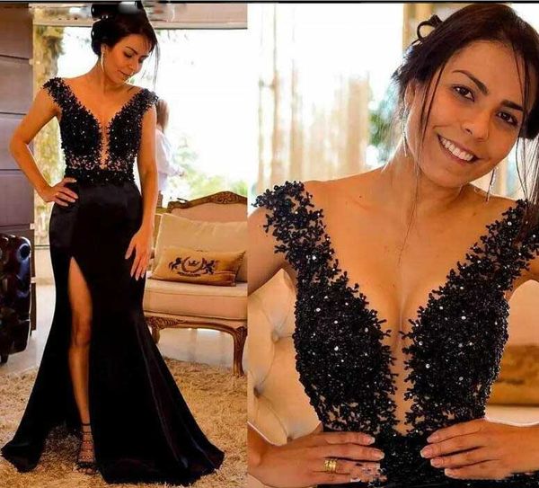 

arabic 2018 black sheer neck arabic evening dresses appliques beaded mermaid satin prom dress formal party gowns