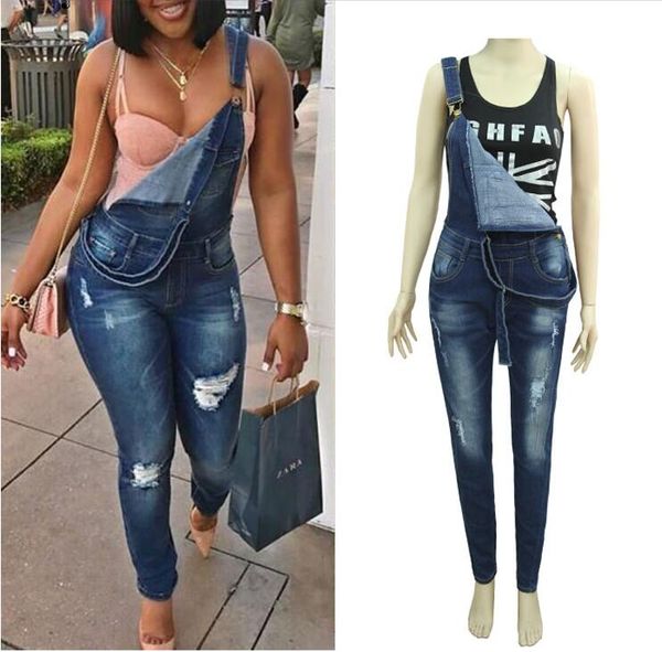 

Синие Джинсы Промывают Отверстие Ковбой Подтяжк Брюки Мода Повседневная Женщины