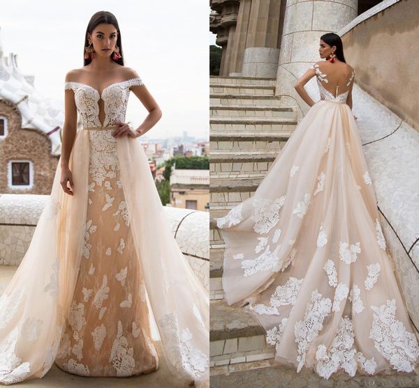 

milla nova champagne wedding dresses with detachable train lace applique illusion scoop backless bridal gown robe de mariÃ©e, White