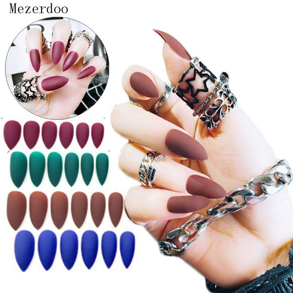 

24pc matte false nails art decoration pure colors matte polish long sharp head full cover fake nail tips patch with glue sticker, Red;gold