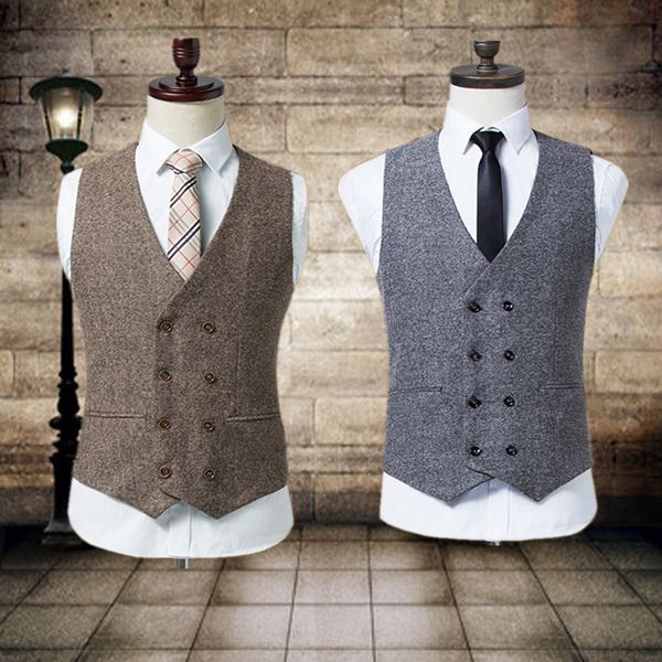 

2019 double-breasted tweed vest wool herringbone groom vests pockets men's suit vests slim fit men's dress vest wedding waistcoat, Black
