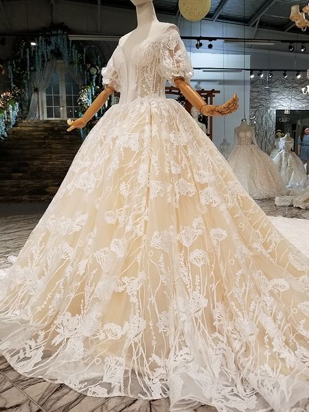 

сексуальное шампанское свадебные платья o шеи фонарь рукава с плеча платья с длинным поездом формальное свадебное платье, White