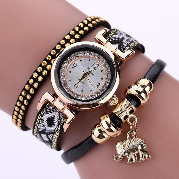 

2018 new fashion casual elephant pendant rhinestone weaving strap quartz alloy stainless steel dial bracelet watch 50p, Slivery;brown