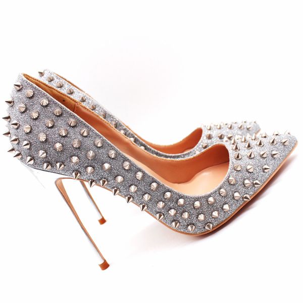 

бесплатная доставка реальные фото натуральная кожа офис леди серебряный блеск шипы точка носок леди туфли на каблуках насос размер 33-43 8 с, Black