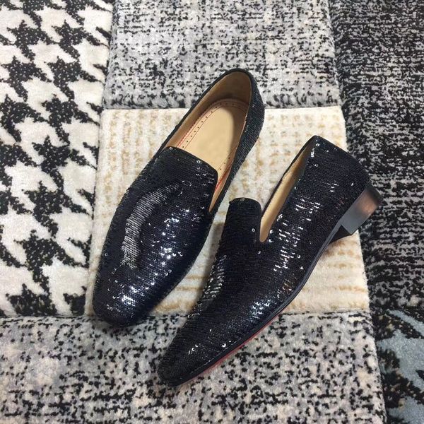 

оригинальная коробка] одуванчик мокасины черный блесток кожаные кроссовки плоское красное дно для женщин мужчины скольжения на оксфорд роск, Black