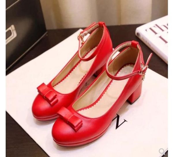 

send 2017 spring round head bowknot coarse heel medium heel single shoes, Black