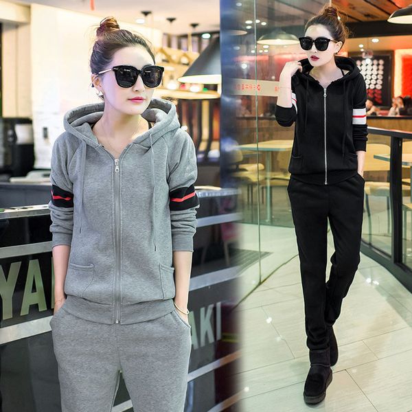 

women tracksuits sportswear winter fleece zipper jackets sweatshirts hoodies+pants running jogging leisure set sports suit, Black;blue
